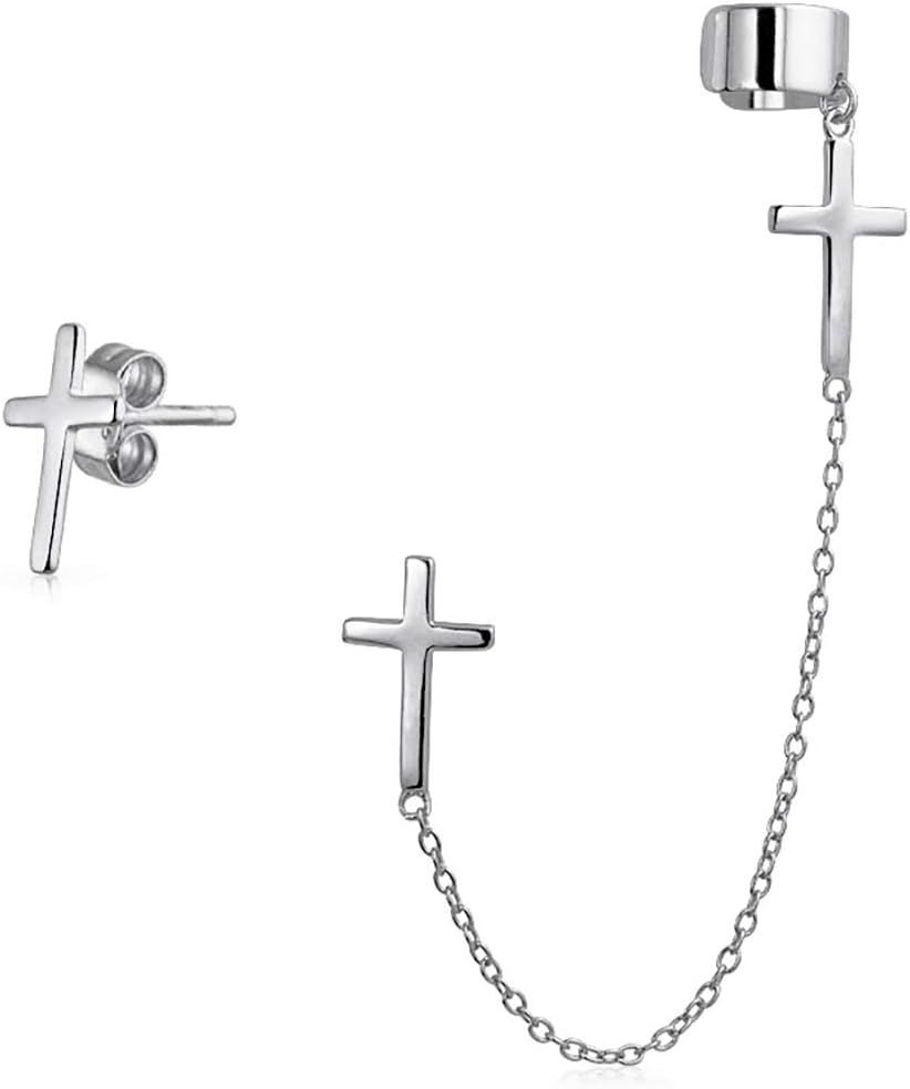 Simple Religious Cross Threader Long Chain Ear Cuff & Stud Earring Set For Women Teen Rose Gold Plated .925 Sterling Silver