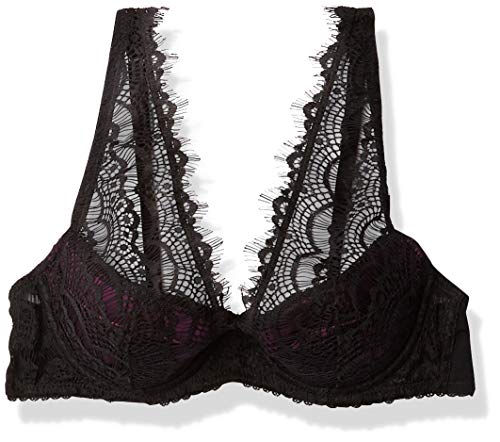 Mimi Holliday Women's Fully Padded Super Plunge Shoulder Bra, Bisou Bisou Black Lace and Plum Silk Satin, 38B