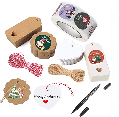 Kraftpapier Etiketten Tags 200stk, Geschenk Anhänger mit Jute Schnur, 500stk Geschenkanhänger Weihnachten Aufkleber, Kraftpapier Etiketten für Hochzeitsgeschenke Weihnachtsgeschenke Geschenkdeko Cover