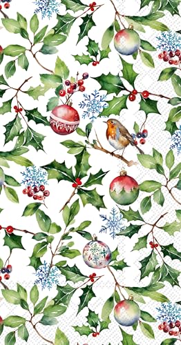 IHR Ideal Home Range Dinner Napkins Disposable 3-Ply Paper Guest Hand Towels 8.5 x 4.5 Christmas Holly 16-Count