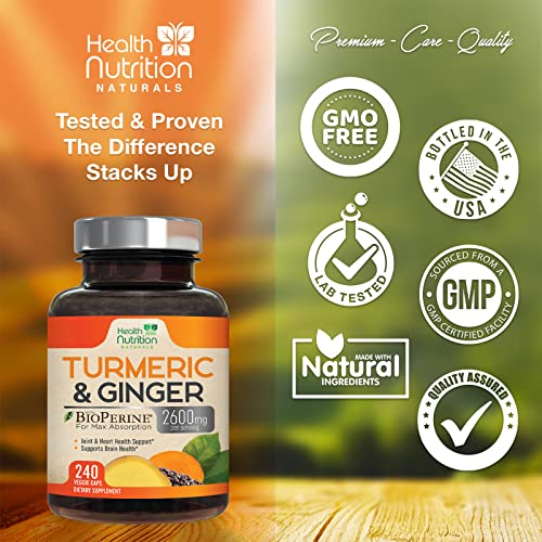 Turmeric Curcumin With Bioperine & Ginger - 95% Standardized Curcuminoids 2600Mg - Black Pepper For Max Absorption, Natural Joint Support, Nature's Turmeric Extract Supplement Non-Gmo - 240 Capsules #TOP3