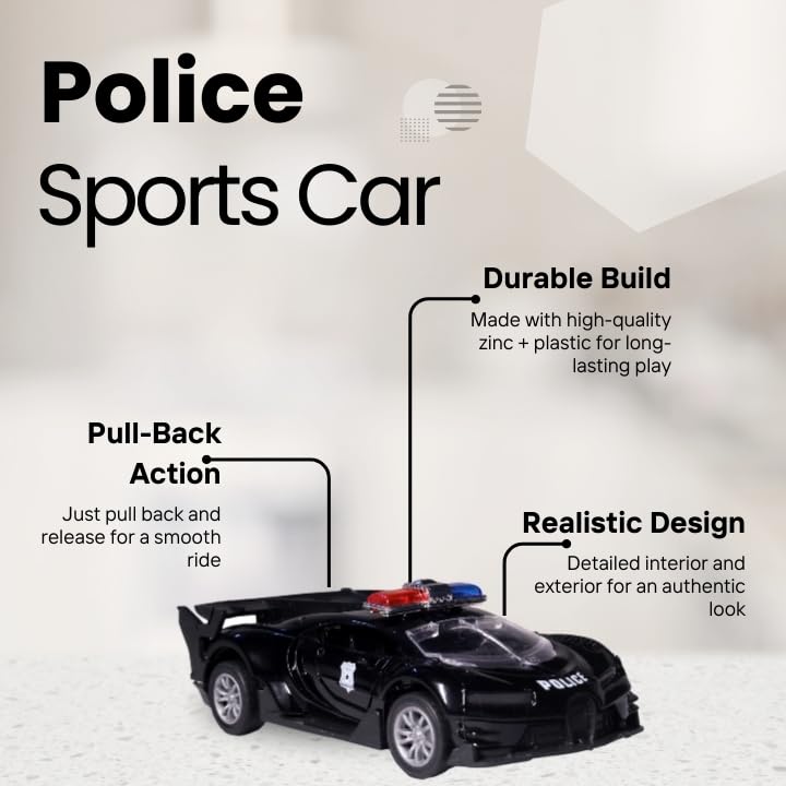 Image of Amisha Gift Gallery Diecast Police Toy Car for Kids | 1:36 Scale Model, Metal, Pull Back, Sports Car, Boys
