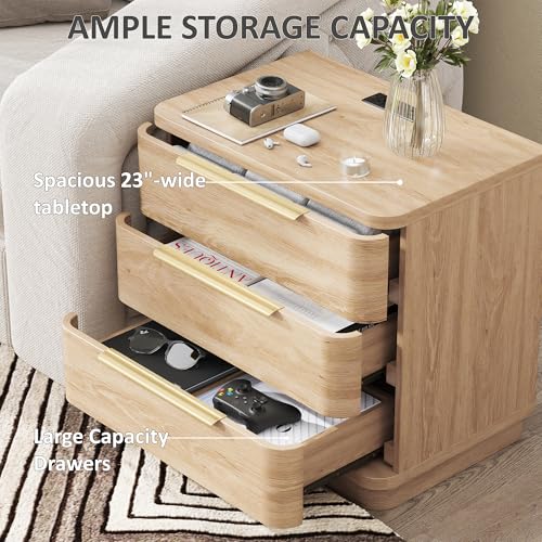 Image of Nightstands Set of 2, Bedside Table with 3 Storage Drawers, 24 inch Tall Wood Night Stand with Charging Station, Modern Wide End Table Side Table W /Metal Handle Curved Profile for Bedroom