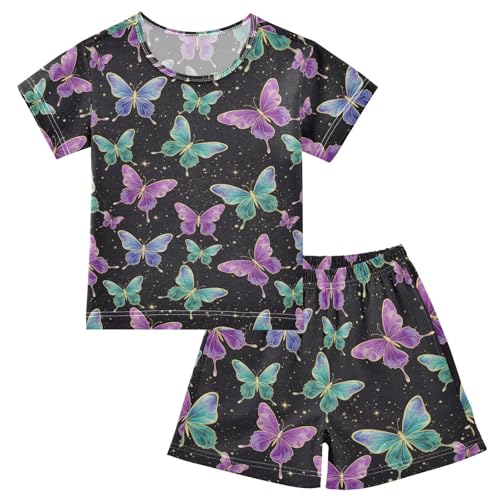 Pajama Short Sets Butterfly Pattern Black Background Soft Cotton Summer Sleepwear 2 Piece PJS Size 5-14T