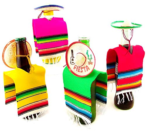 Set of 6 Serapes for Bottles and Mini Fiesta Hats for Bottles – 4 Inches by 11 Inches Poncho Cover, 3.5 Inches Wide Sombrero For Cinco De Mayo Party Decoration (6 of Each) Multicolored