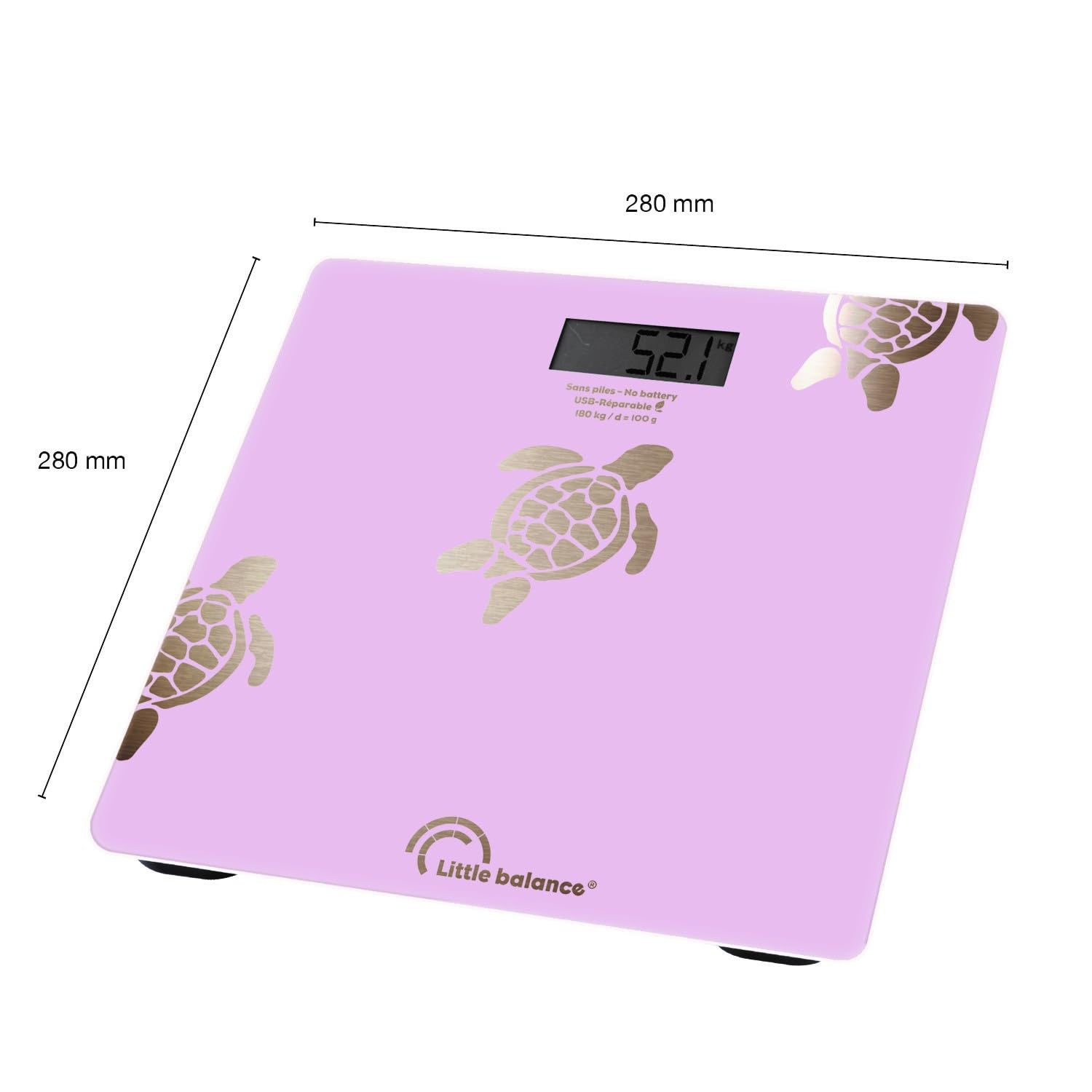 LITTLE BALANCE 8729 Tortugas Gold Metalizadas, Báscula personal sin pila, Recargable USB, Reparable, 180 kg, Diseño Oro Metalizado