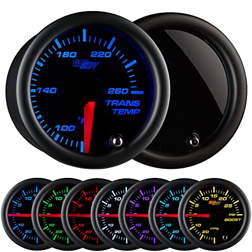 GlowShift Tinted 7 Color 260 F Transmission Temperature Gauge Kit - Includes Electronic Sensor - Black Dial - Smoked Lens - for Car & Truck - 2-1 16  52mm