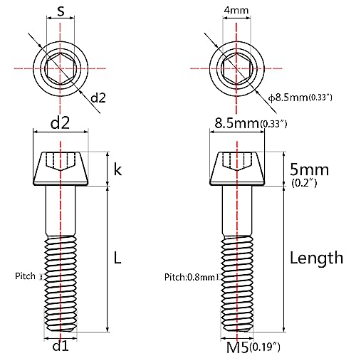 Image of Titanium Ti Bolt M5x9 16 18 20 25 30 35 40 45 50 55 60mm Tapered Head Screws Pack of 4 (M5x60mm, Rainbow)