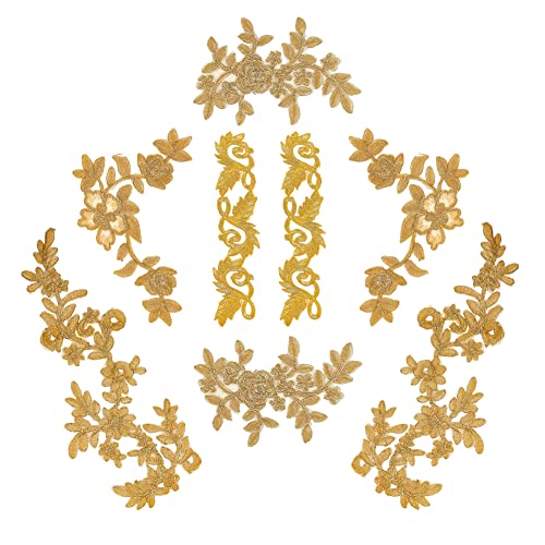 Nbeads 8 Pcs Broderie Dentelle, 4 Styles Fleurs Feuilles Fer sur Patchs Coudre Appliques en Dentelle Florale Dorée pour Robe de Mariée Décor Réparation...