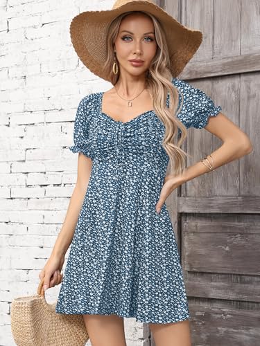 Image of Missufe Women's Puff Short Sleeve Drawstring Ruched Front Fit and Flare Floral Summer Casual Short Dress