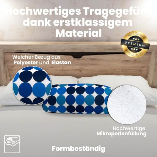 COVERBAGBCN - Rundes Relax Anti-Stress-Kissen | Entlastung für die Halswirbelsäule | Füllung mit kleinen Komfortperlen | Lycra-Stoff, weich im Griff | Maschinenwaschbar | 35x15 cm (Blaue Punkte).