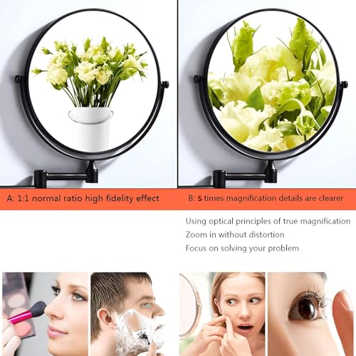 Image of Plantex Premium Brass Magnifying Mirror /Two-Sided 360 Swivel Shaving Mirror with 5x /1x Magnification /Vanity Mirror for Bathroom (8 Inches-Black /Wall Mount)