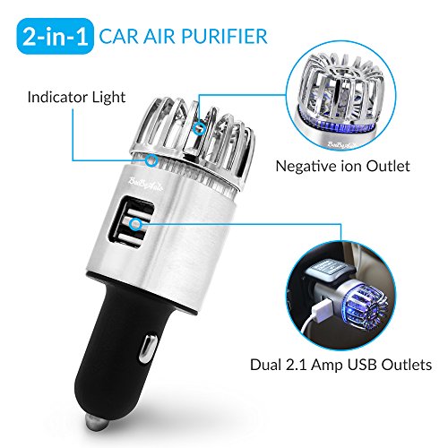 Car Air Purifier, Ionizer Deodorizer and Ionic Air Freshener with Dual USB Charger| Remove Dust, Pollen, Smoke, Food & Pet Smell, Bacteria and Bad Odors | Portable Travel Charger for Automobile