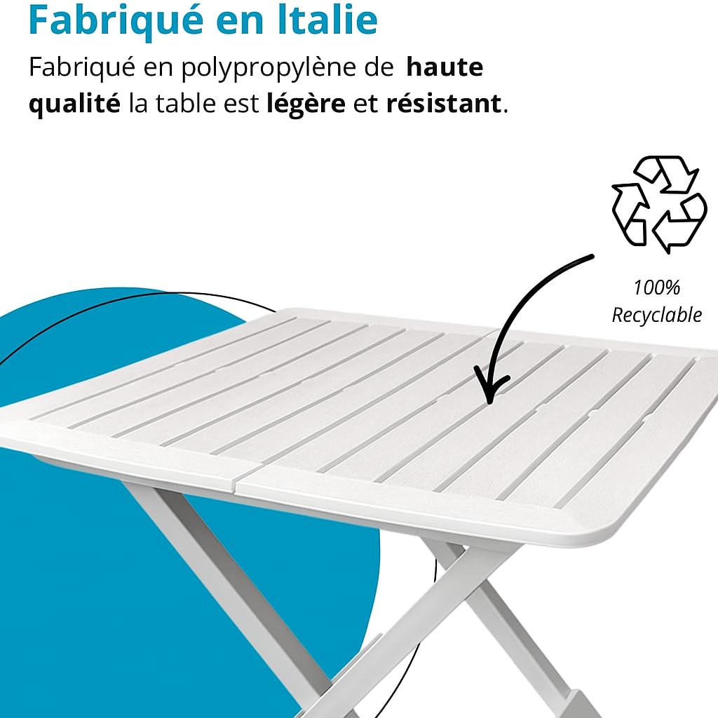 Tomaino - Table en plastique pliable pour intérieur et extérieur - Table de jardin effet bois 79 x 72 cm (blanc)