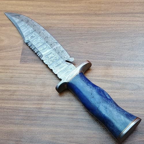 HK-327 Handmade Damascus Steel Knife for Hunting, Survival, Camping, Skinning, Bushcraft, Fixed Blade,Bone Handle, with Leather Sheath.