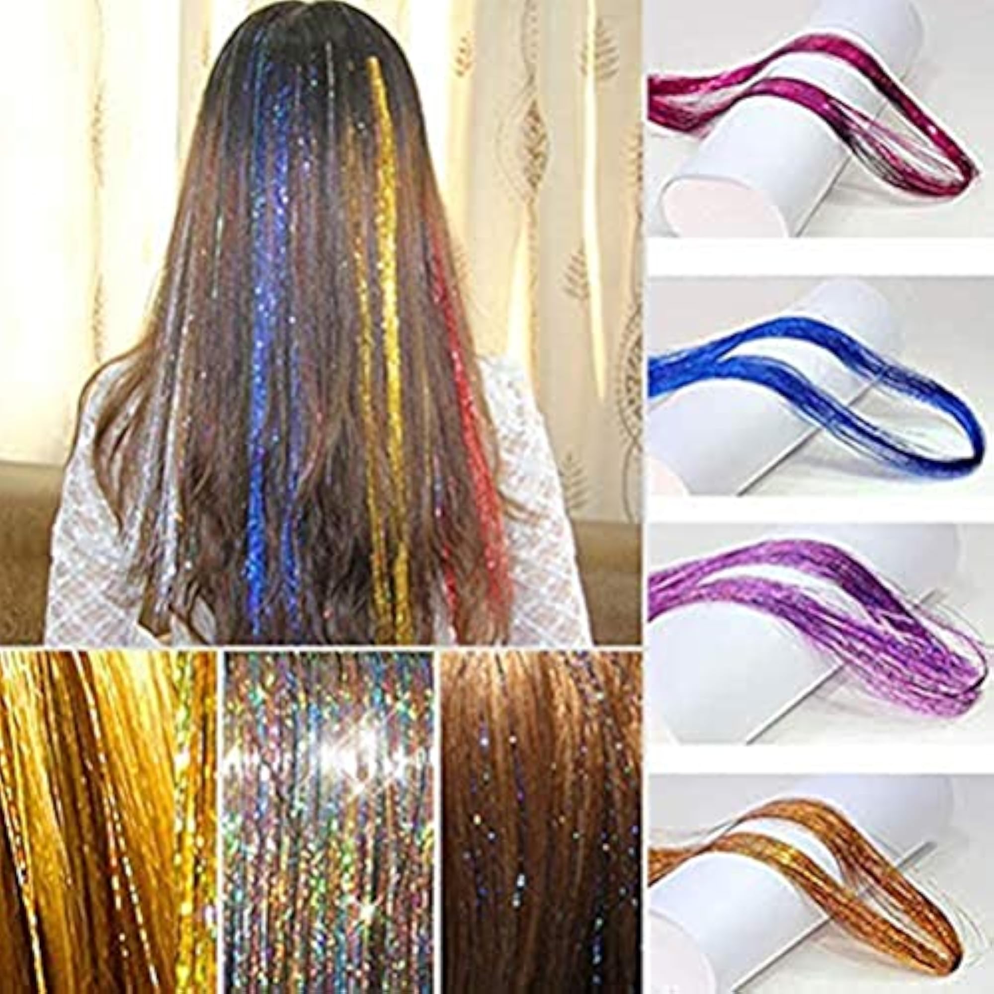 Glitter Hair Tinsel Extensions Strands, 6 Colors