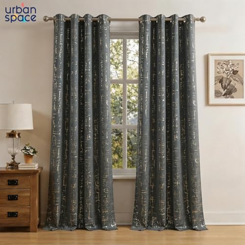 Image of Urban Space 80-85% True Blackout Curtains for Door, Gold Foil Printed Blackout Curtains, Decorative Door Curtain Eyelet with Tieback, 1 Piece Curtain for Living Room(Sparkle Dark Grey, 7 Feet)