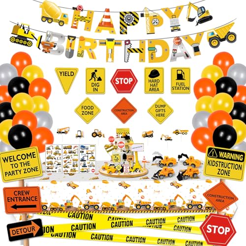 Construction Birthday Party Decorations - Construction Balloon Arch Kit,12 Wall Decor Sign,Yellow Caution Tape,4 Mini Construction Vehicle,Tattoos,Banner,Tablecloth,Cake Topper,for Kids Birthday Party