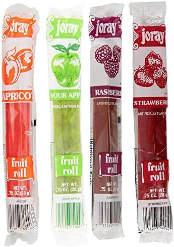 Joray Fruit Roll Variety Pack! Apricot, Strawberry, Raspberry, Sour Apple.75 Oz Fruit Leather (Total of 24 Fruit Leathers)