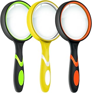 3 Pack Magnifying Glass, 10X Non-Slip Handheld Reading Magnifier for Kids and Seniors, 75mm Magnifying Glass Lens for Reading, Classroom Science, and Nature Exploration