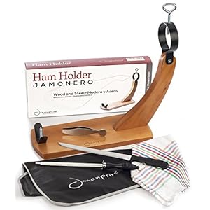 Jamonprive Hamklem + Hammes + Wetstaal + Hamdoek + Keukendoek + Hamtang – Professionele set voor het Snijden van Serrano en Iberische Ham