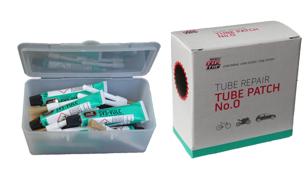 REMA TIP TOP Vulkanisierlösung-​Schlauchflicken-Set No.0 (Ø 30 mm) | Schlauch-Reparatur-Set mit 100 Flicken Größe 0, 10 Tuben Vulkanisierlösung und 10 Pinseln 68 mm lang