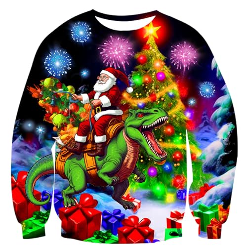 ALISISTER Suéter de Navidad Feo suéter de Papá Noel con patrón de Dinosaurio Divertido para niños y niñas Adultos suéter de Vacaciones de Invierno celebración de la FEA Sudadera de Navidad l