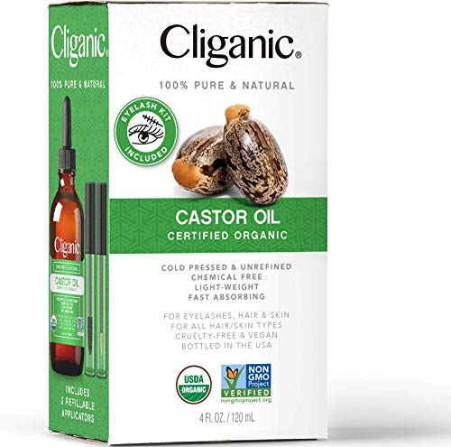 Cliganic Organic Castor Oil, 100% Pure (4Oz With Eyelash Kit) - For Eyelashes, Eyebrows, Hair & Skin #TOP6