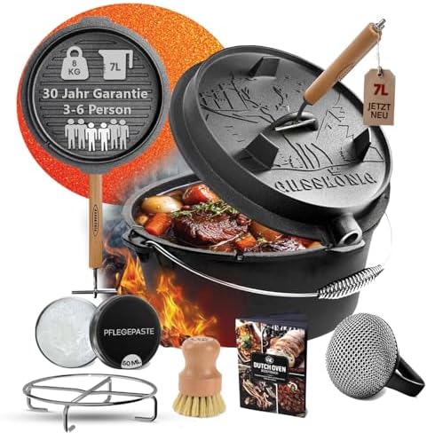 GUSSKÖNIG Premium 2in1 Dutch Oven 7L Set-Feuertopf Gusseisen ohne Füßen | für 3-6 Personen, inkl. Deckelheber, Pflegepaste, Bürste, Untersetzer, Schrubber, Rezeptbuch, 30J Garantie