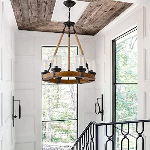 Rustic Wagon Wheel Chandelier With Seeded Glass Shades, 6 Lights Farmhouse Wood Chandelier, Retro Round Wagon Wheel Pendant Light Fixture For Dining Room Living Room Kitchen Island Foyer Entryway #TOP6