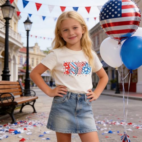 Image of Girl American Flag Shirts Bow Tshirt 4th of July Shirt Cotton Short Sleeve Tees 2-12 Years