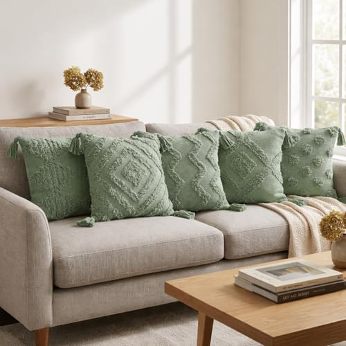 Image of SILK & YANA 16x16 Cotton Cushion Covers Set of 5 | Hand-Tufted Decorative Throw Pillow Covers with Boho, Geometric & Textured Designs | Tassel-Trimmed Covers for Sofa | Sage-Green