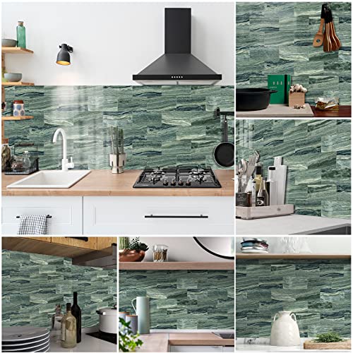 Cecekis Peel And Stick Backsplash Tile, 32 Pc Pack (8" X 4") Thicker Glass Subway Tiles Waterproof Oil Proof Removable Decals For Bathroom & Kitchen Backsplash (Green Marble) #TOP3