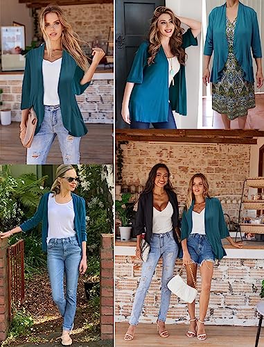 Image of Yekaty Women Cardigan 3 /4 Sleeves Open Front Lightweight Cardigan Draped Ruffles Knit Cardigan