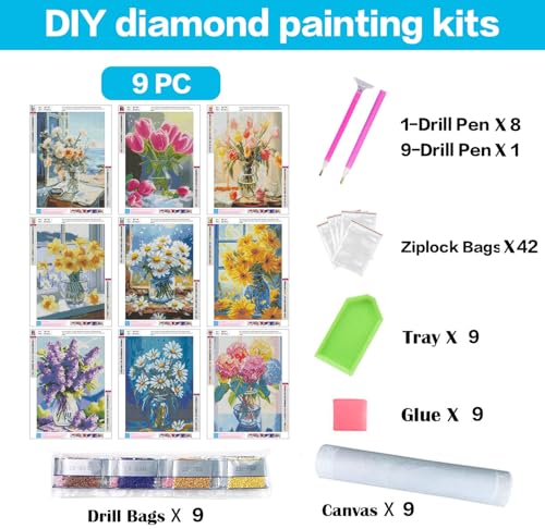 9 Pack Diamond Art Kits for Adults Flowers Diamond Painting Kit 12x16in by DPARTGMJT - Used condition - Image 4