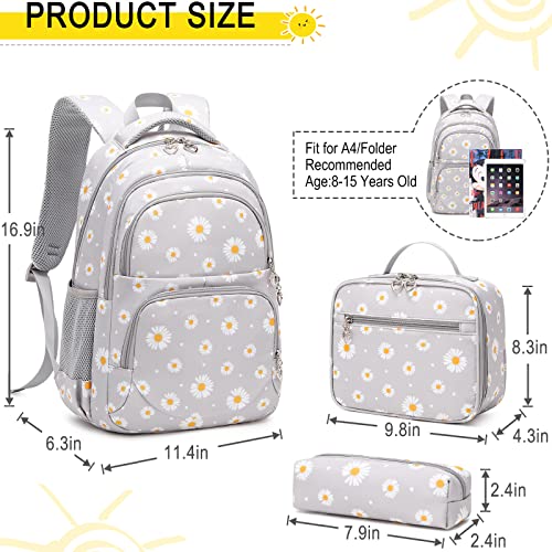 Girls Backpack with Lunch Box for Elementary Middle School,17 Inch Black Daisy Lightweight School Backpack with Lunch Bags Set for Girls2