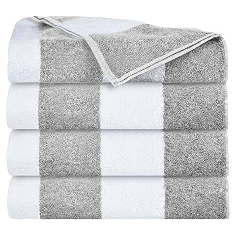 GLAMBURG 4 Pack Cabana Stripe Beach Pool Bath Towel Set 30X60, 100% Ringspun Cotton Towels,Large Oversized Beach Towels,Beach Bath Towel,Beach Blanket, Highly Absorbent Large Bath Towel - Light Grey Cover