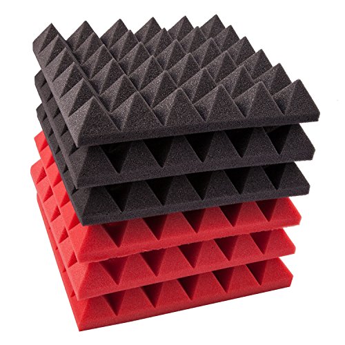 Foamily 6 Pack - Red/Charcoal Acoustic Foam Sound Absorption Pyramid Studio Treatment Wall Panels, 2" X 12" X 12"