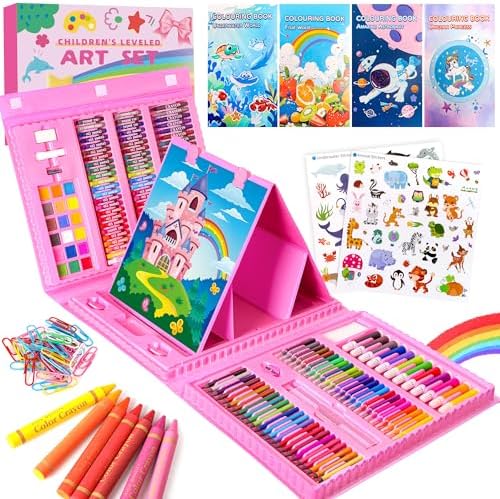 Art Supplies 332 Piece Drawing Art Kit Gifts for Girls Boys Kids Teens Gifts Art Set Case with Double Sided Trifold Easel, Stickers, Sketch Paper, Coloring Book, Pastels, Crayons, Pencils (Pink)