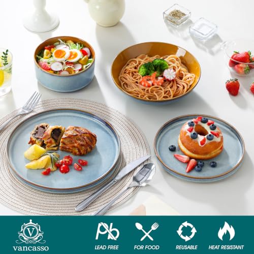 Image of ONION Ceramic Plates and Bowls Sets for 6, 24 Pieces Stoneware Dinnerware Sets for Kitchen, Reactive Glaze Dish Set, Dishwasher and Microwave Safe, Light Blue