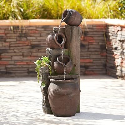 Four Pot Rustic Outdoor Floor Water Fountain 39 1/4" High with LED Light Cascading Decor for Garden Patio Backyard Deck Home Lawn Porch House Relaxation Exterior Balcony - John Timberland