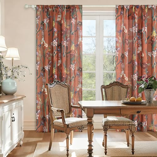 Image of Schweek Boho Curtains 84 Inches Length 2 Panels for Living Room Terracotta | Linen Farmhouse Curtains,Printed Floral Vintage Botanical Burnt Orange Semi Sheer Drapes for Dining Room, Bedroom 52 inchx84 inch