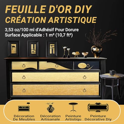 Feuille d'Or Déco Kit, Tufinein 100ml Adhésif pour Dorure et 100ml Vernis, Feuilles d'Or et Champagne Or Feuille Doré Kit, Meubles et Artisanat Décoration, Peinture d'Art et Décoration DIY – vue 2