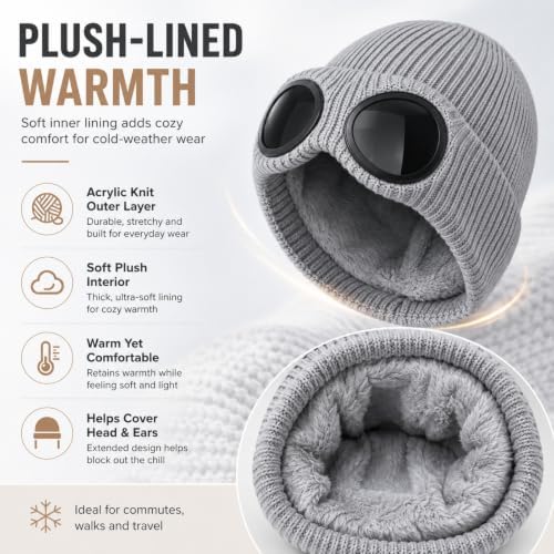 Goggle Knitted Beanie,Winter Beanie Hat with Removable Goggles,Beige - 4