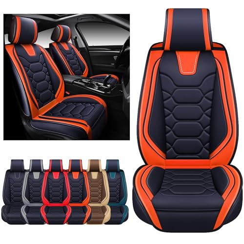 OASIS AUTO Car Seat Covers Premium Waterproof Faux Leather Cushion Universal Accessories Fit SUV Truck Sedan Automotive Vehicle Auto Interior Protector Front Pair (OS-004 Orange)