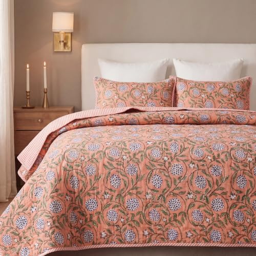 Ridhi Block Print Reversible Cozy Quilt Dark Salmon Pink King 96" X 106" Lightweight Blanket for Sofa, Couch, Bed Soft Breathable Comforter Handmade Bedspread Duvet for Farmhouse, Home, Winter