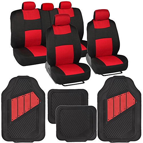 BDK Two-Tone PolyPro Car Seat Covers Full Set with Motor Trend Heavy Duty Rubber Car Floor Mats, Black & Red – Interior Covers for Auto Truck Van SUV by BDK - Used condition - CA$111.11