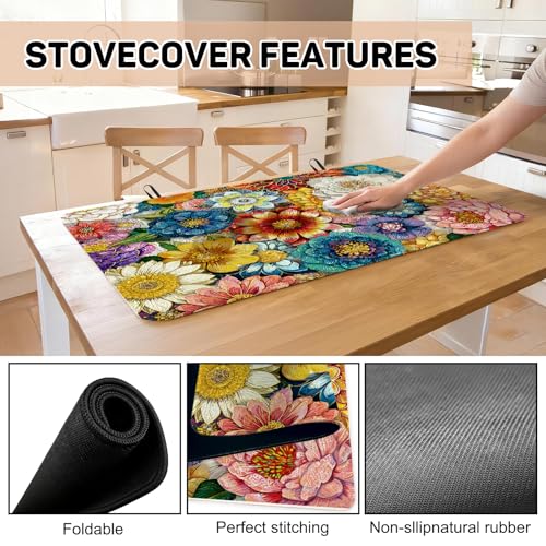 Image of Boho Floral Stove Top Cover for Electric Stove, Bohemia Ethnic Style Range Covers for Electric Stove, Rubber Dish Drying Mat, Glass Cooktop Covers, Flat RV Range top Mats, 28 inchx20 inch