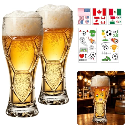 NOVAZANU Soccer Shape Beer Glasses Set of 2,16oz Creative Beer Glass for World Cup 2026 Match Day Parties, Ideal Gifts for Fathers and Partners