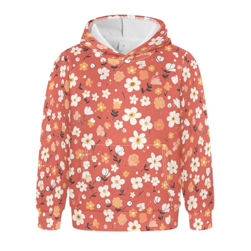 KLL Floral Pattern Cute Simple Flowers Vermilion Boys Girls Sweatshirts Casual Athletic Hoodie Kangaroo Pocket